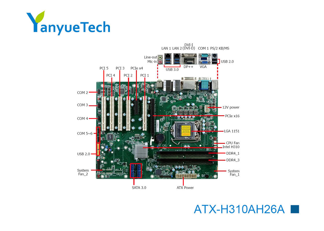 ATX-H310AH26A Industrial ATX Motherboard / Intel Motherboard Intel@ PCH H310 Chip 2 LAN 6 COM 10 USB 7 Slot 5 PCI